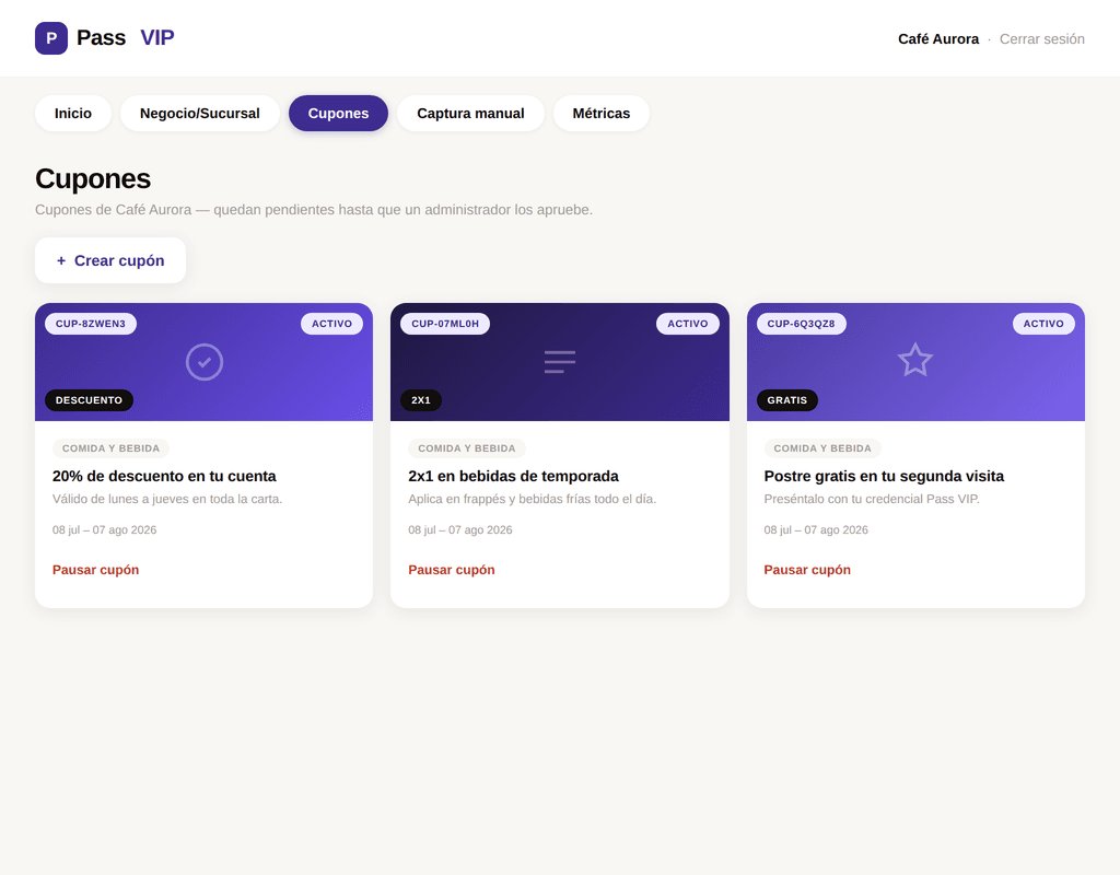 Panel de Pass VIP mostrando los cupones de un negocio